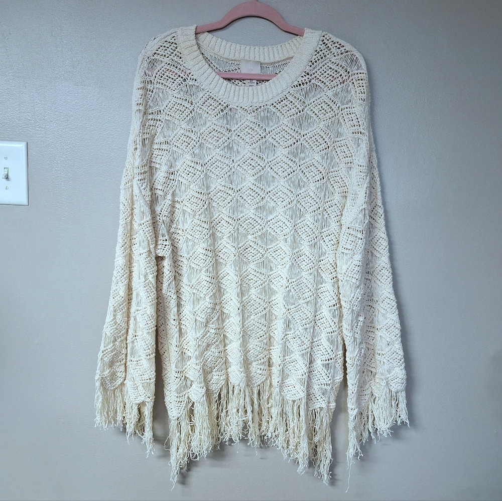 H&M Womens L Pointelle Knit Fringe Layering Tunic Top Cream Boho Chic Coachella